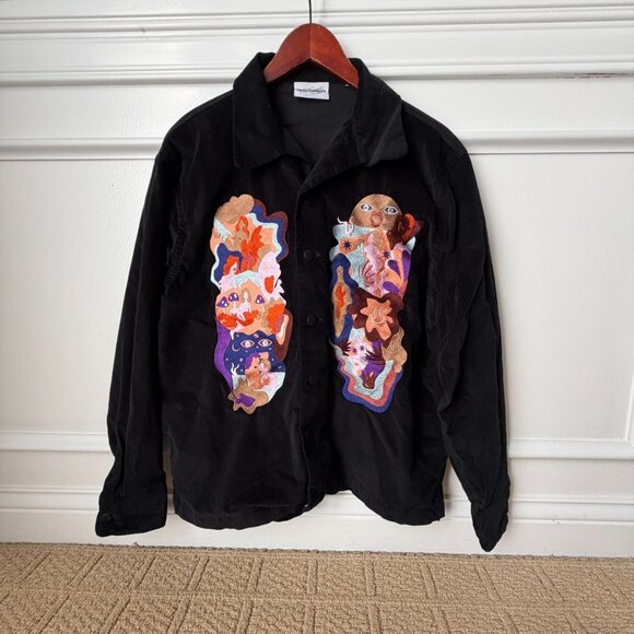 Carne Bollente Black Velvet Shirt Embroidered Erotic Graphic Button Front Sz M - Picture 8 of 8